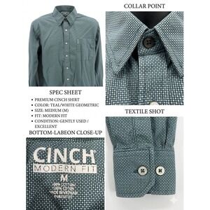 Cinch Modern Fit Shirt Mens Medium M Teal White Geometric Print Long Sleeve